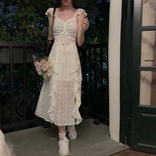 Plain Jacquard Drawstring Spaghetti Strap Dress