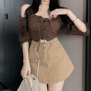 Short-sleeve Lace-up Crop Top / Mini A-line Skirt