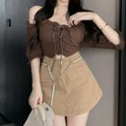 Short-sleeve Lace-up Crop Top / Mini A-line Skirt