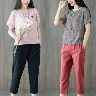 Ethnic Short-sleeve Top + Cropped Pants Set