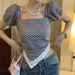 Puff-sleeve Gingham Check Irregular Crop Top