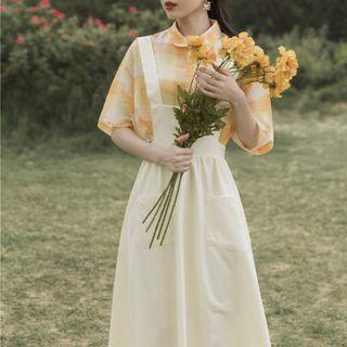 Set: Short-sleeve Plaid Shirt + Midi Jumper Dress