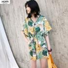 Elbow-sleeve Tropical Print Wide-leg Playsuit
