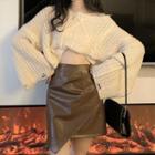 Cropped Cable Knit Top / Asymmetric Faux Leather Mini Pencil Skirt