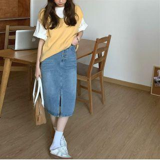 Washed Denim Slim-fit Midi Skirt