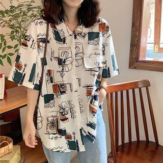 Short-sleeve Cartoon Print Shirt White - One Size
