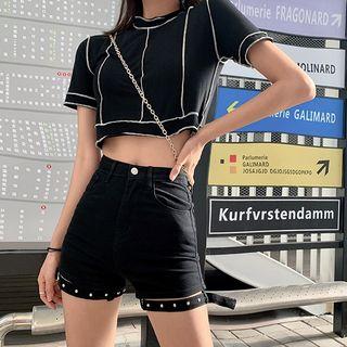 Color-block Short-sleeve Slim-fit Cropped T-shirt