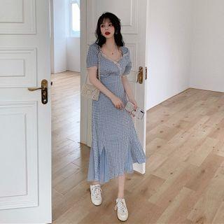Puff-sleeve Plaid A-line Dress Gingham - Blue & White - One Size