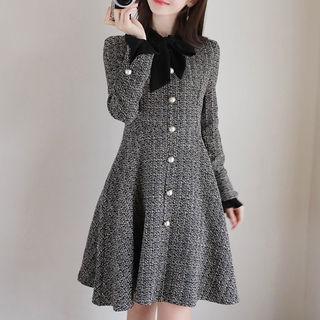 Tie-neck Faux-pearl Button Flare Dress