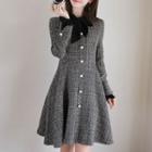 Tie-neck Faux-pearl Button Flare Dress