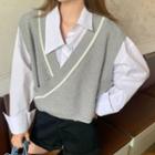 V-neck Contrast Trim Knit Vest / Long-sleeve Plain Shirt