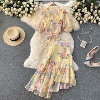 Set Of 2 : V-neck Floral Chiffon Top + Asymmetrical Skirt