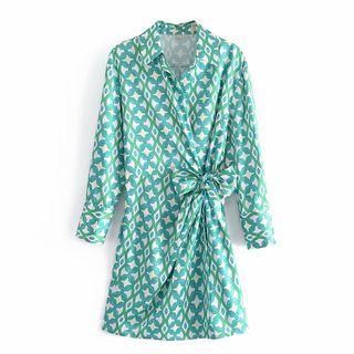 Long-sleeve Pattern Bow Front Dress