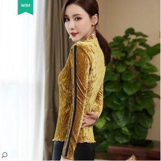 Long-sleeve Fringed Mock-neck Top