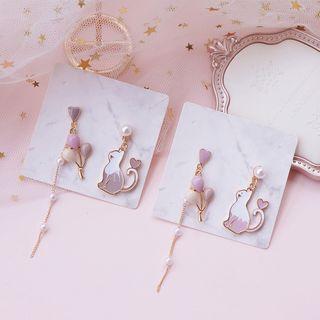 Non-matching Faux Pearl Alloy Cat & Balloon Dangle Earring