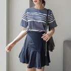Short-sleeve Zip-back Striped Top