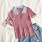 Color-block Short-sleeve Knit Top Pink - One Size