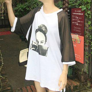 3/4-sleeve Chiffon Panel Printed Top