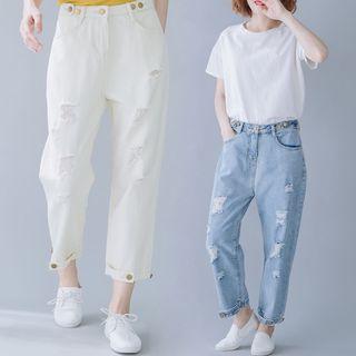 Ripped Denim Cropped Straight Cut Pants
