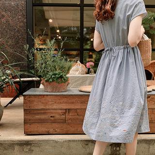 Embroidered-detail Gathered-waist Linen Blend Dress