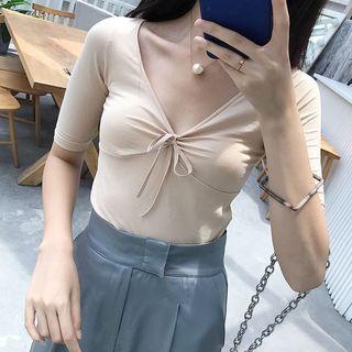 Bow V-neck Short-sleeve T-shirt