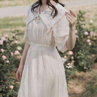 Elbow-sleeve Floral Detail Wide Collar A-line Midi Dress
