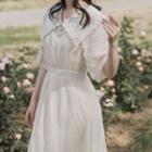 Elbow-sleeve Floral Detail Wide Collar A-line Midi Dress