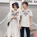 Couple Matching Print Short-sleeve T-shirt / Embroidered Chiffon Dress