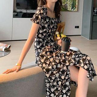Puff-sleeve Square-neck Floral Print Midi A-line Dress (various Designs)