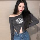 Long-sleeve Printed One-shoulder Cropped T-shirt