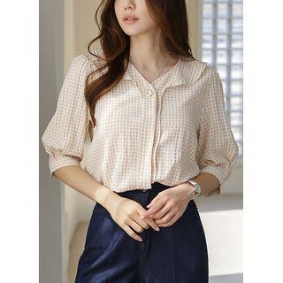 Heart-button Ruffled Gingham Blouse