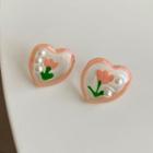 Flower Faux Pearl Heart Acrylic Earring 1 Pair - Silver Needle - Pink - One Size
