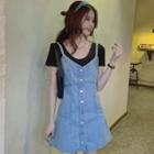 Spaghetti Strap Single-breasted Denim Mini A-line Dress