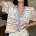 Short-sleeve Striped Knit Top Blue & White & Yellow - One Size