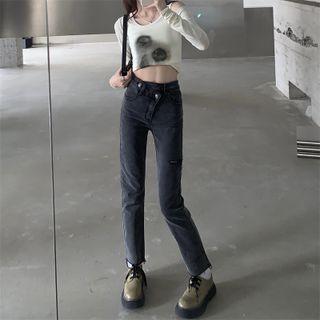 Mid Rise Asymmetrical Straight Leg Jeans