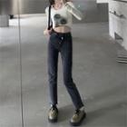 Mid Rise Asymmetrical Straight Leg Jeans