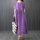 Elbow-sleeve Henley Midi A-line Dress