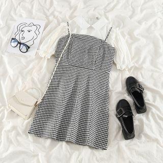 Puff-sleeve Blouse / Spaghetti Strap Gingham Mini A-line Dress