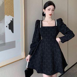 Long-sleeve Square-neck Rhinestone Trim Mini A-line Dress