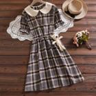 Short-sleeve Plaid Collared A-line Dress