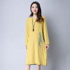 Embroidered Color Panel Long Sleeve Dress