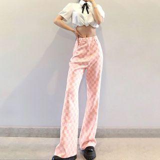 Checkerboard Print Boot-cut Pants