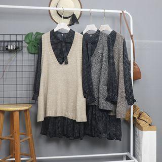 Set: Tie-neck Check Midi Dress + Knit Vest