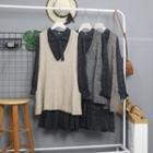 Set: Tie-neck Check Midi Dress + Knit Vest