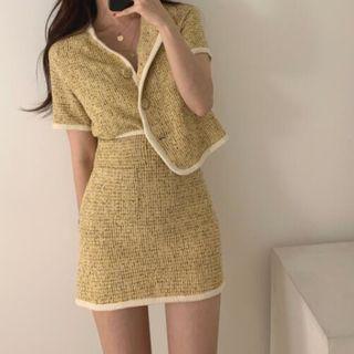 Set: Short-sleeve Button Jacket + Mini A-line Skirt