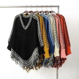 Fringe Hem Patterned Cape Sweater