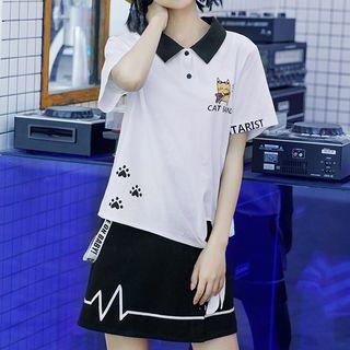Short-sleeve Cat Print Polo Shirt