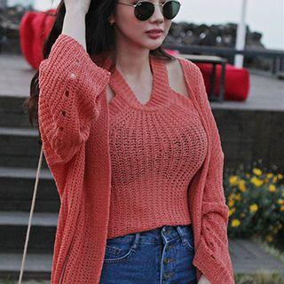 Set: Long Cardigan + Tank Top As Shown In Figure - One Size