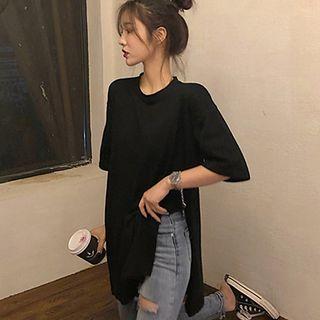 Elbow-sleeve Button-hem Long T-shirt