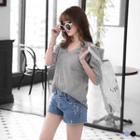 Stripe V-neck Drop Elbow-sleeved Shirt